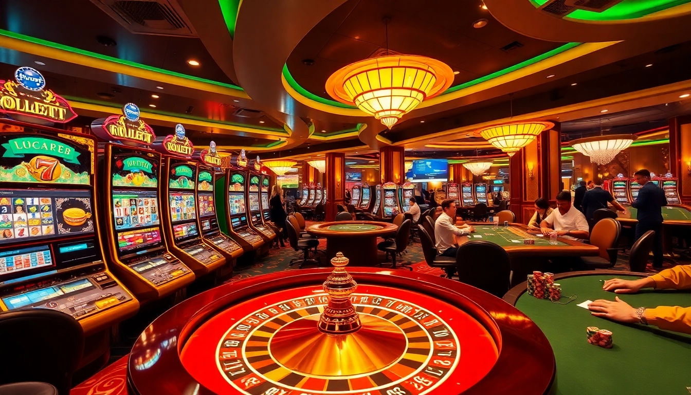 Engaging players at i9bet com enjoying a vibrant casino atmosphere with roulette and slot machines.