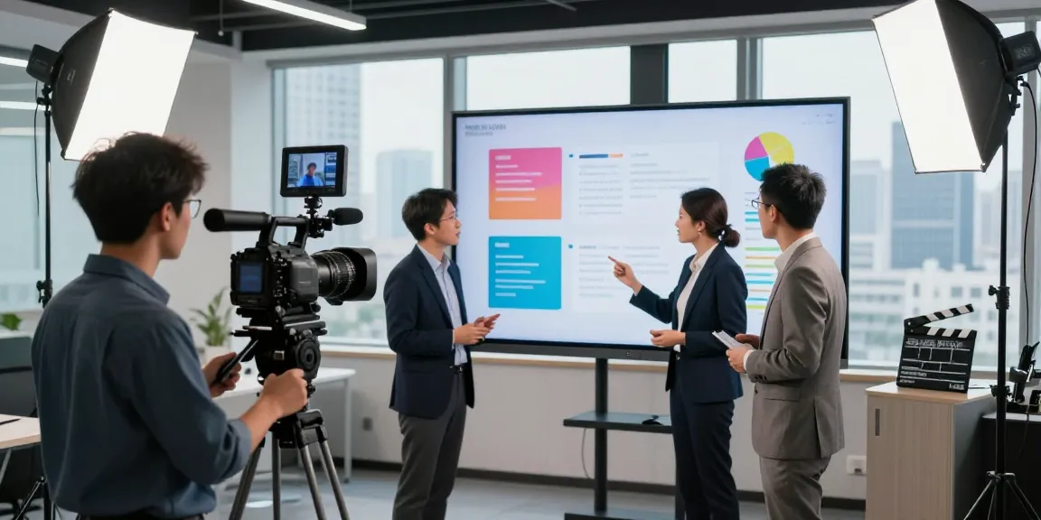 Singapore Corporate Video Production scene featuring professionals collaborating in a modern studio.