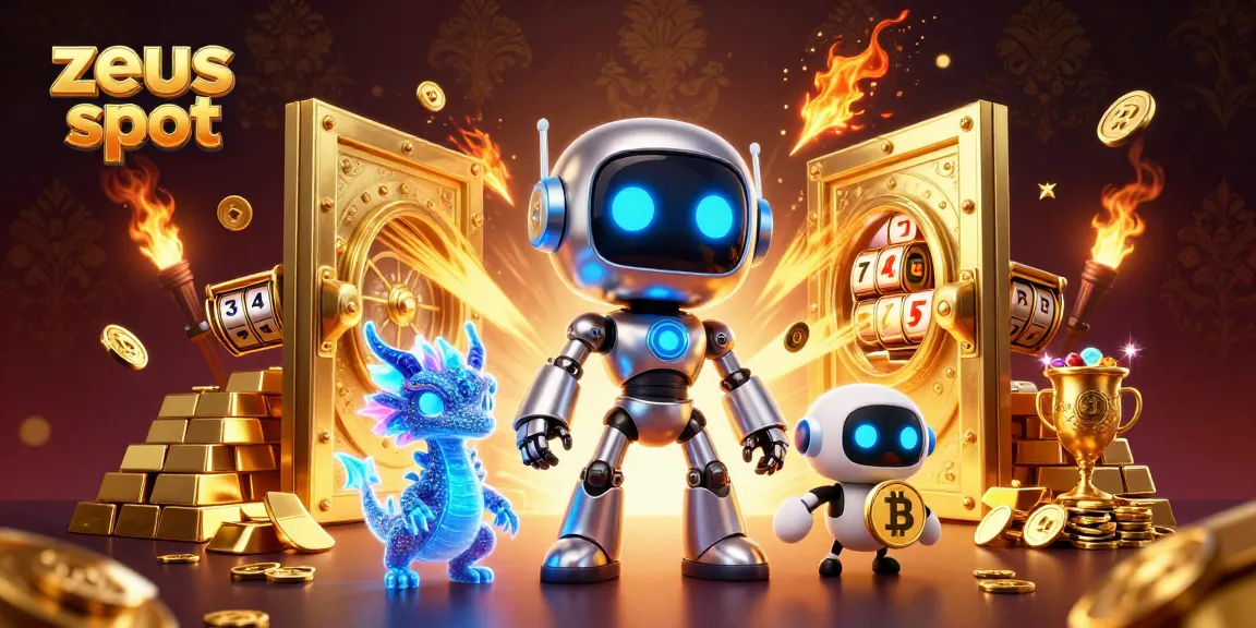 Experience thrilling zeus slot action with colorful robots, treasures, and slot elements.