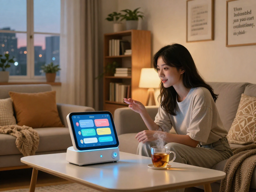 Engaging with innovative girlfriend AI technology in a cozy living room.