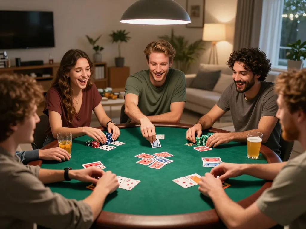 Friends enjoying a lively poker night at home, showcasing the g28 social gambling experience.