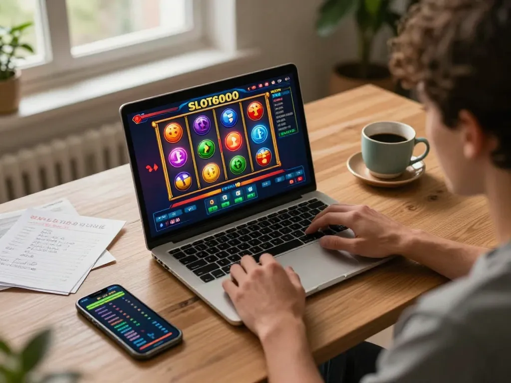 SLOT6000 gameplay on laptop showcasing vibrant reels while player develops strategic betting plans in a cozy home office.