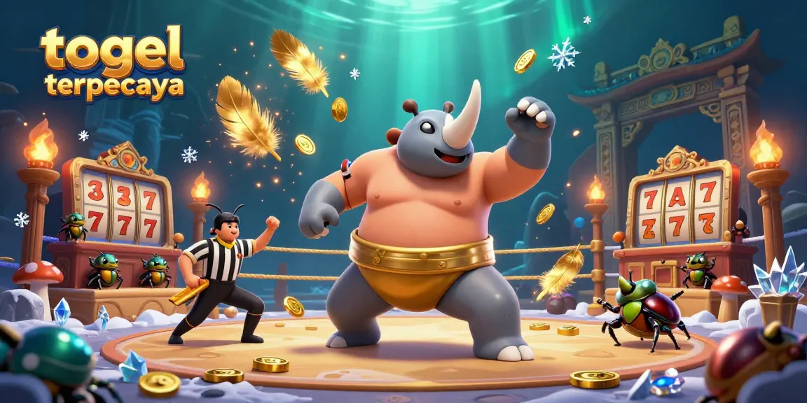 Experience thrilling wins with togel terpercaya in an animated casino scene featuring a sumo champion beetle.