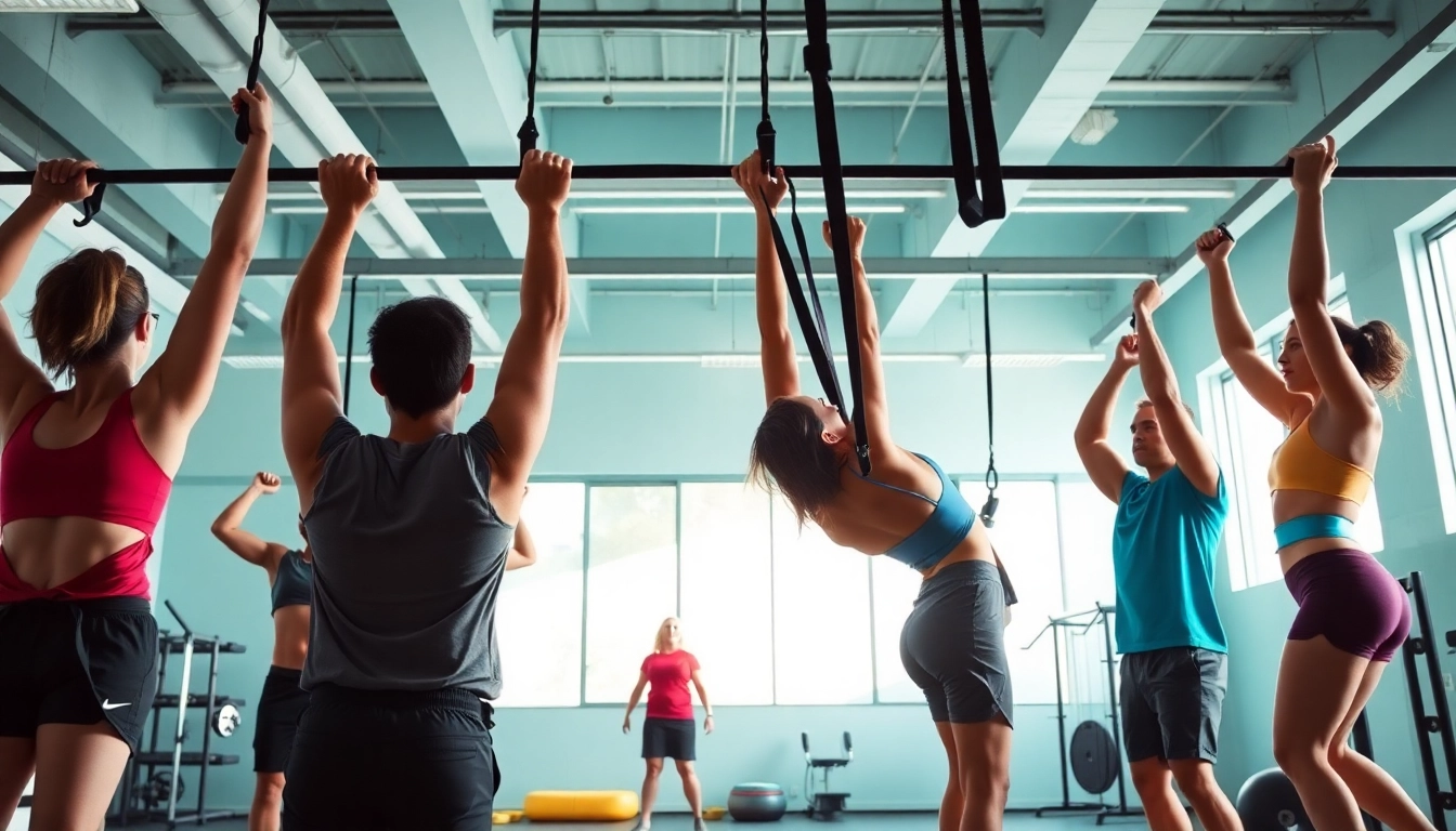 Group of diverse individuals using a pull-up assist band in a bright gym, showcasing fitness and motivation.