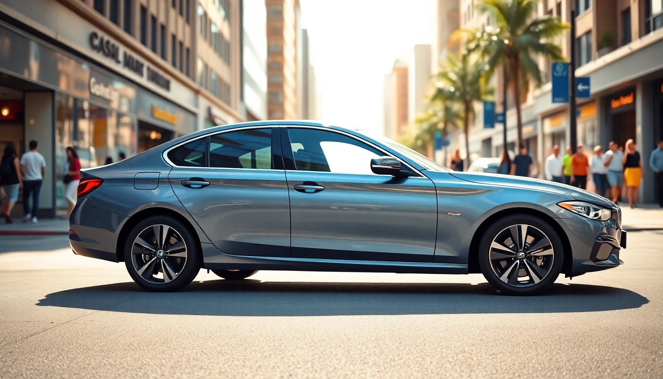 Buy a car showcasing a sleek sedan in an urban environment with bright storefronts.