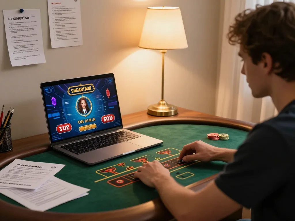 Player engaged in an exciting f8bet live dealer game on a laptop, showcasing online gaming atmosphere.