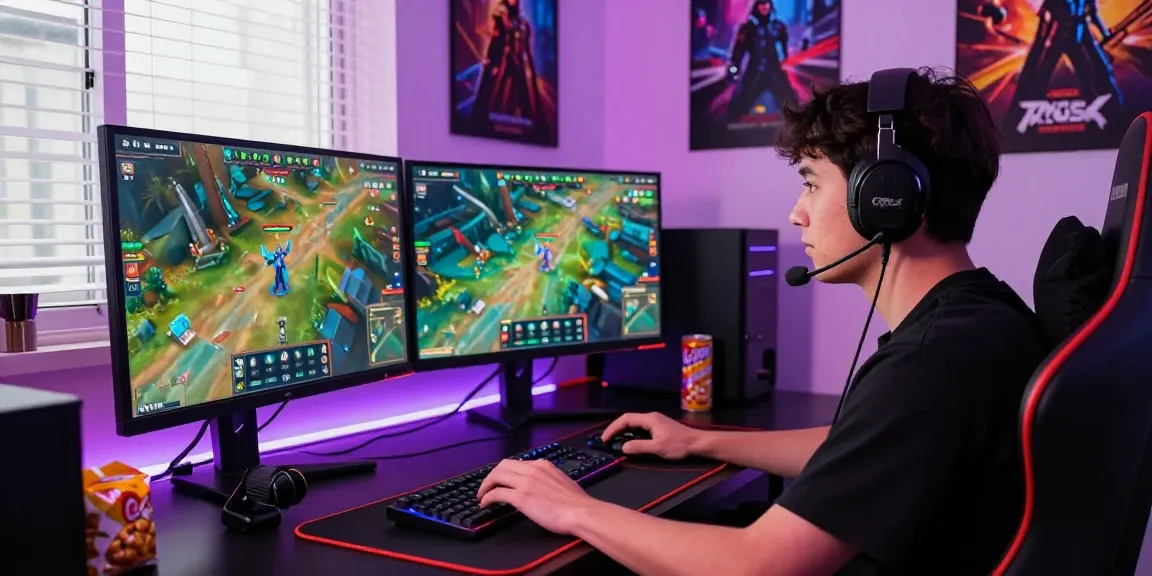 Player immersed in game bài đổi thưởng uy tín, dual monitors and vibrant gaming atmosphere.