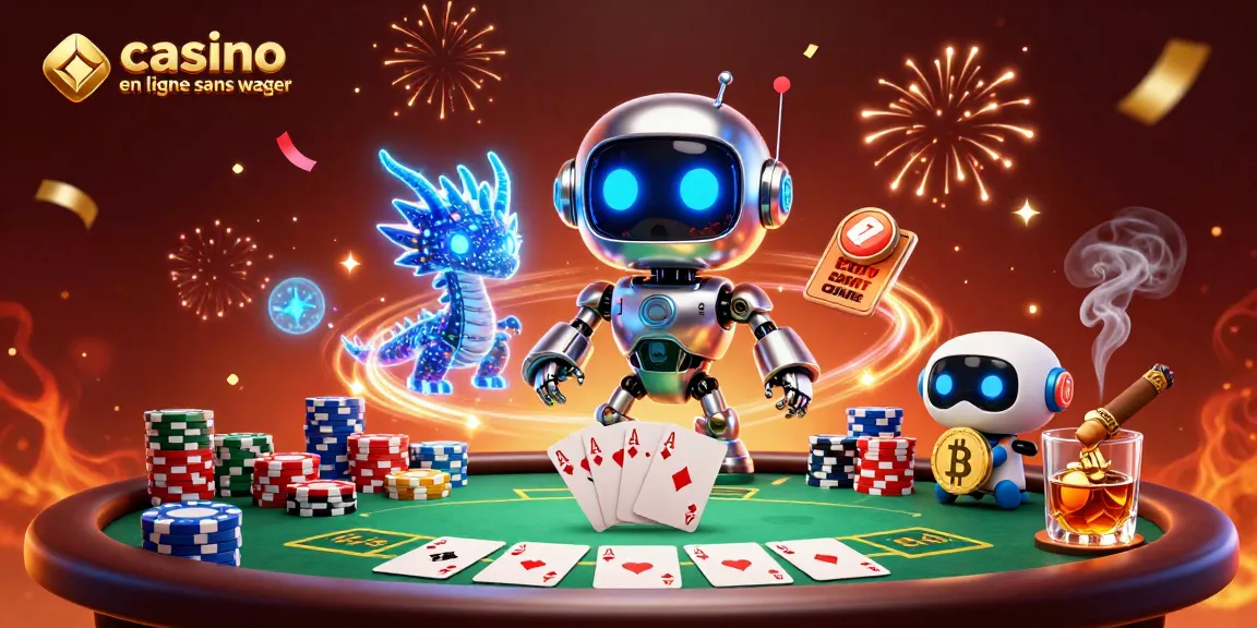 Jouez en ligne sans wager dans un casino dynamique avec robot et dragon holographique.