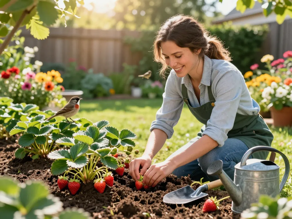 Woman planting strawberry plants in a sunny garden, showcasing aardbeienplanten kopen with vibrant fruits and rich soil.