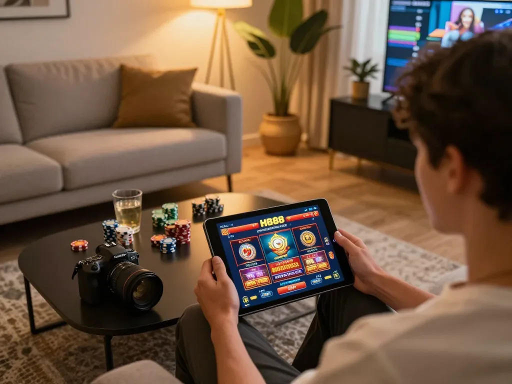 Engaging moment of a player enjoying HB88 online casino on a tablet, relaxed home atmosphere.