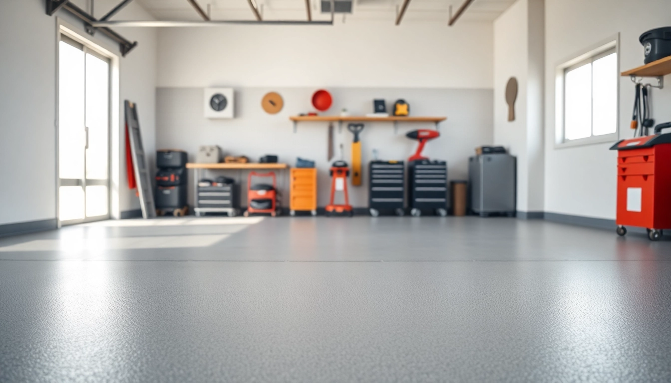 Polished garage floors enhancing a modern garage setup with organized tools.