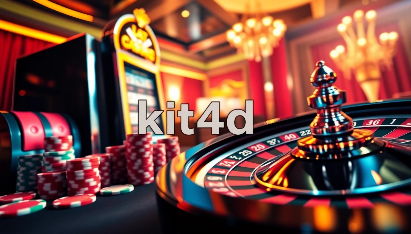 Antarmuka perjudian online yang menarik dengan kit4d, menampilkan elemen kasino yang seru seperti mesin slot, chip poker, dan roda roulette.