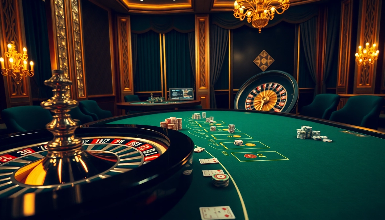 High-stakes poker table and roulette wheel glowing in a dim casino, highlighting hidden wiki onion themes.