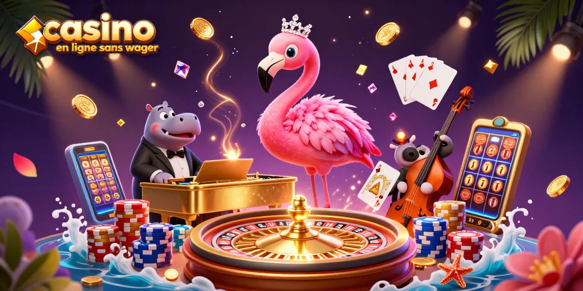 Profitez de l'animation vibrante d'un casino en ligne sans wager avec des pièces dorées et des lumières scintillantes.