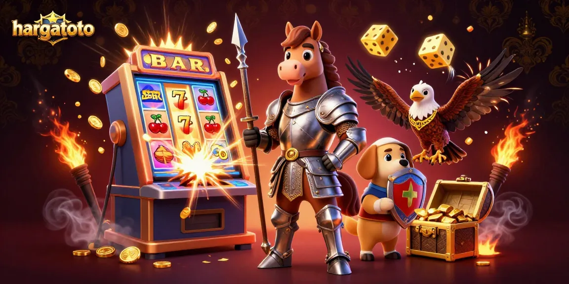hargatoto captures the excitement of casino gaming with a vibrant 3D illustration of knights and slots.