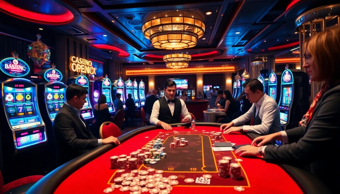 Vivez l'excitation du casino en ligne avec des machines à sous dynamiques et des joueurs captivés à la table.