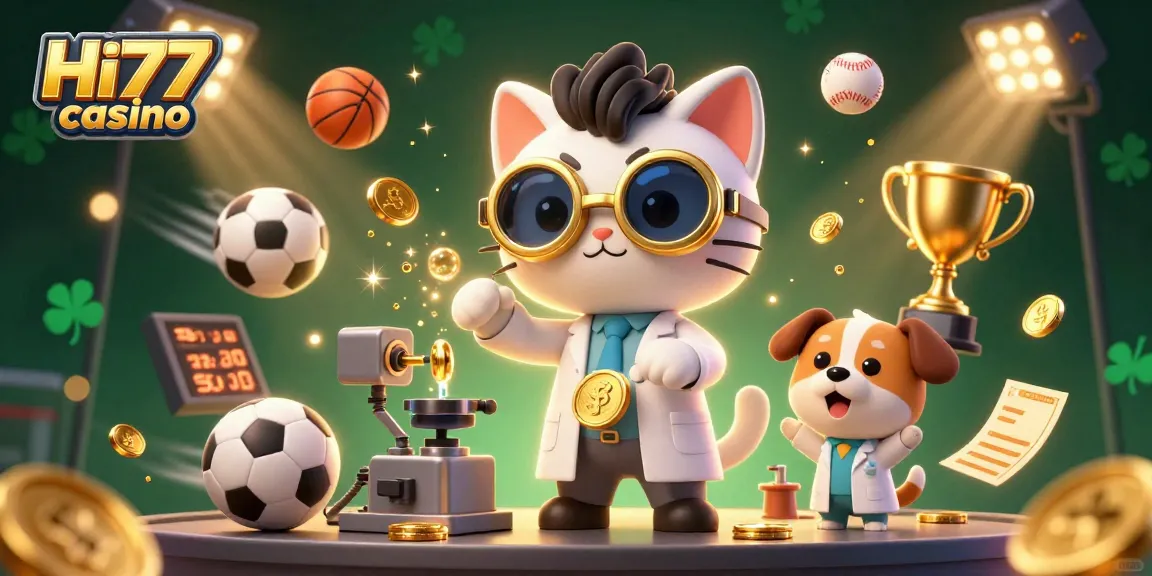 Experience exciting gameplay action at Hi77 casino with vibrant 3D illustration showcasing sports elements.