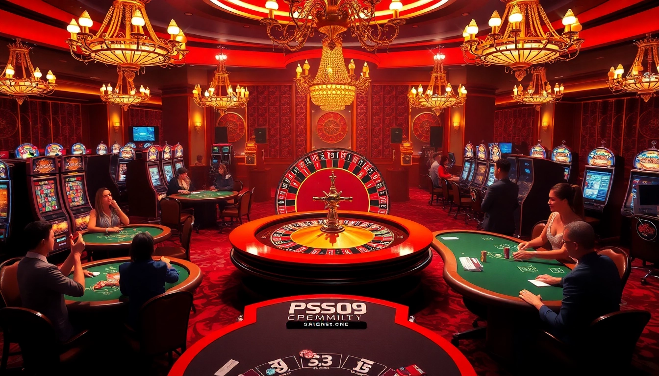 A dynamic casino scene celebrating excitement at PS99 COM featuring roulette, poker tables, and vibrant slot machines.