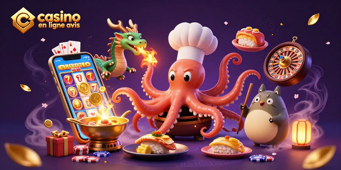 Voici une illustration dynamique de casino en ligne avis montrant un chef sushi octopus et un dragon sous un wok, entourés de jeux de casino.
