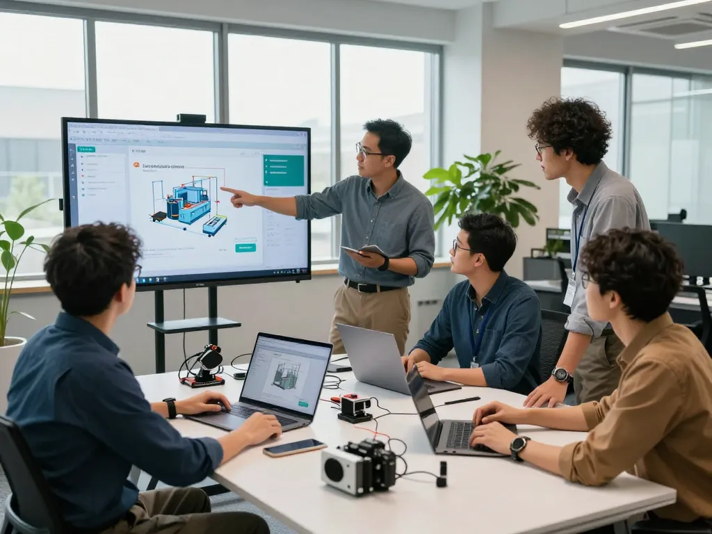 Engineers collaborating on Siemens industrial automation solutions in a modern office.