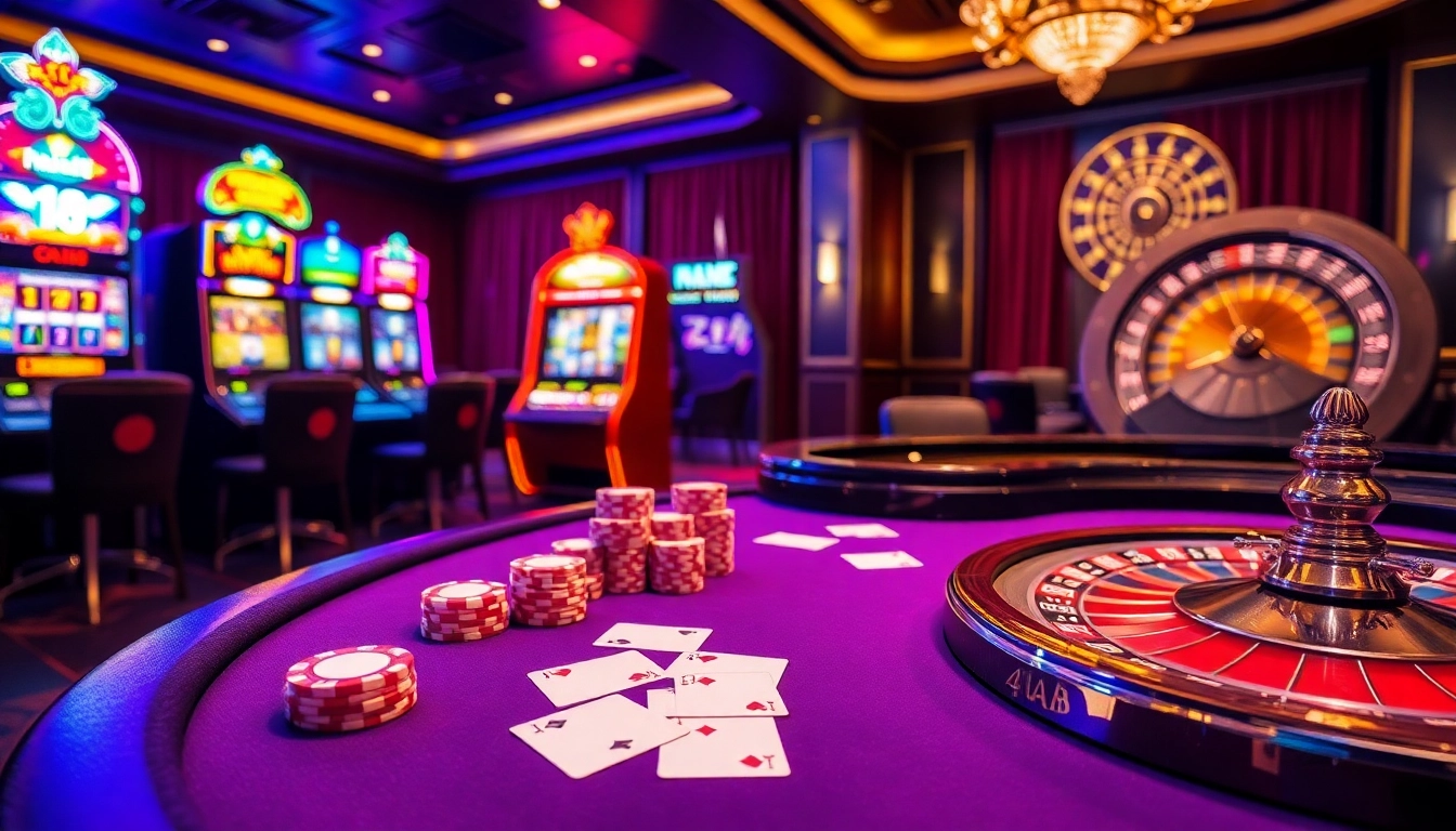 The captivating atmosphere of link rr88 showcased at a luxurious casino with poker tables, slot machines, and roulette.