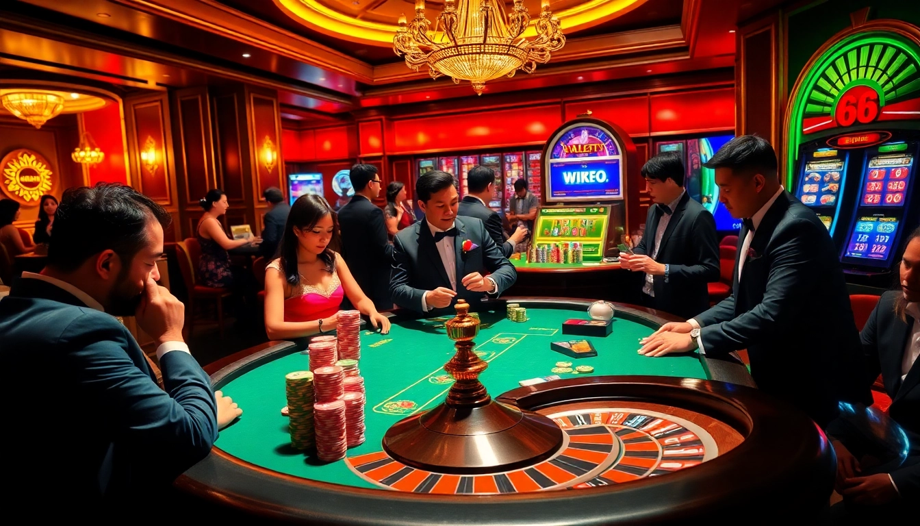 Engaged players enjoying 68 game bài at poker and roulette tables in a luxurious casino.
