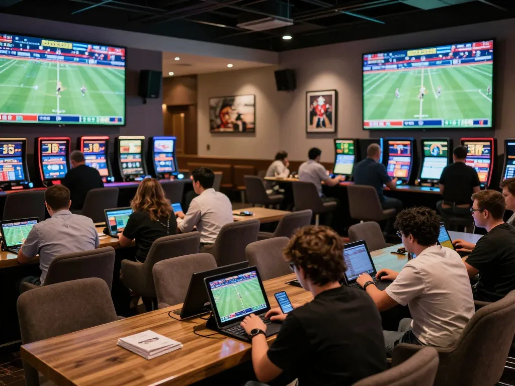 Engaged sports bettors analyzing odds at the luxurious thabet sports betting lounge, showcasing excitement and strategy.