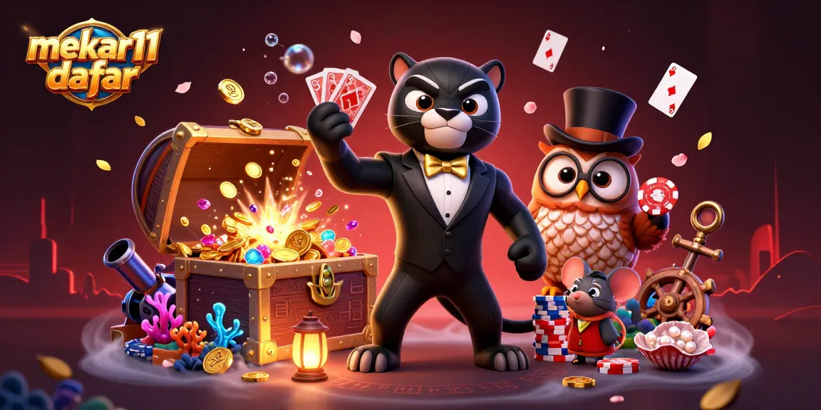 Mekar11 daftar showcases a stylish panther dealer and owl player amidst a vibrant casino scene filled with rich game elements.