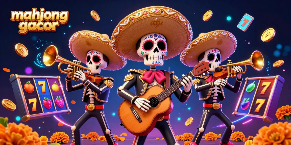 Experience excitement with mahjong gacor as a lively mariachi band plays amidst dynamic slot elements and gold coins.