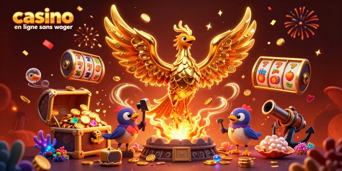 Découvrez un casino en ligne sans wager, avec une illustration 3D d'un phénix en or pendant des jeux captivants.