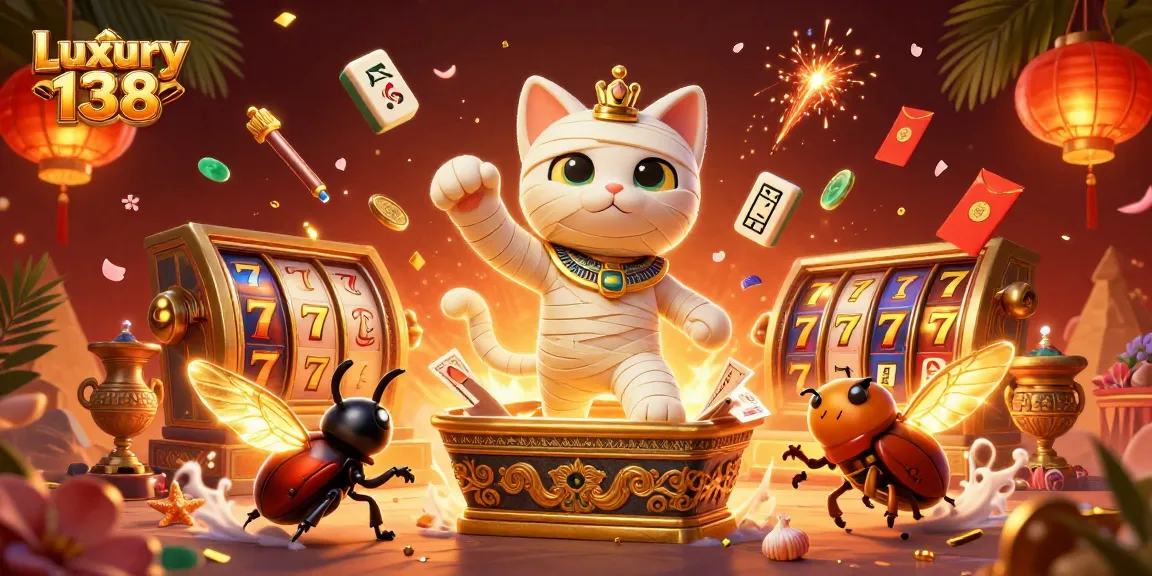 Experience the thrill of Luxury 138 with a dynamic illustration of an Egyptian mummy cat in a casino.