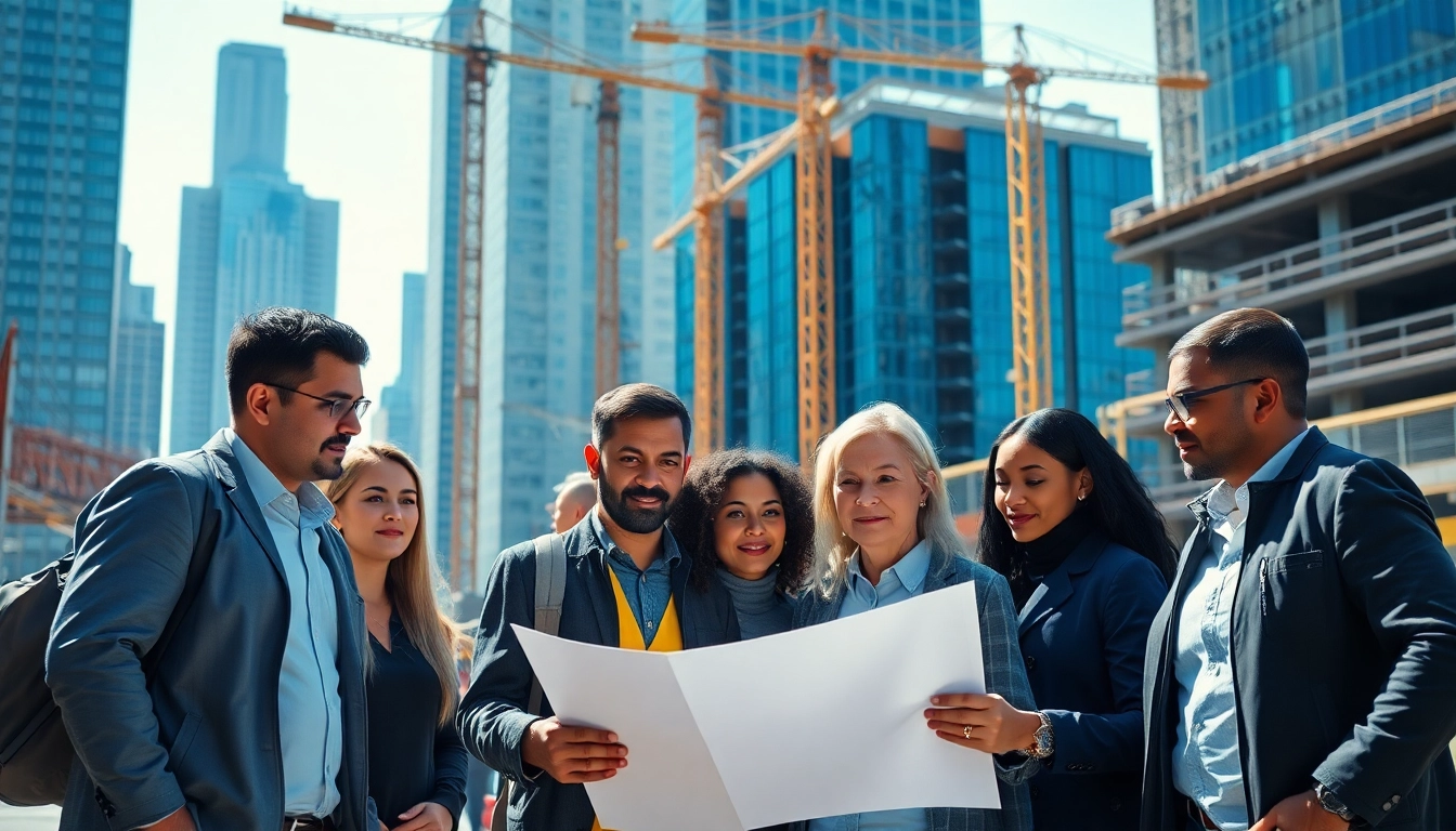 Construction association team reviewing plans amidst an urban construction site with cranes and equipment.