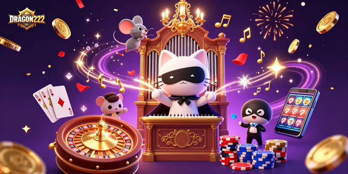 Experience the thrill of DRAGON222 with dynamic casino characters amidst cascading coins and neon lights.