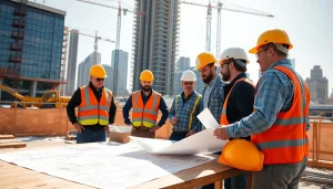 New York City General Contractor supervising a bustling construction project with workers and blueprints.
