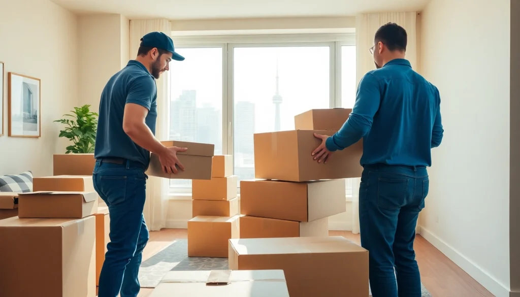 Efficient team providing Toronto moving services while organizing boxes in a sunny apartment.