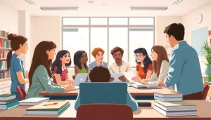 Engaging scene of students collaborating on Education projects in a bright classroom environment.