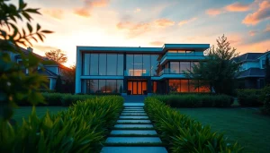 Beautiful modern real estate featuring a luxurious home with vibrant sunset glow.