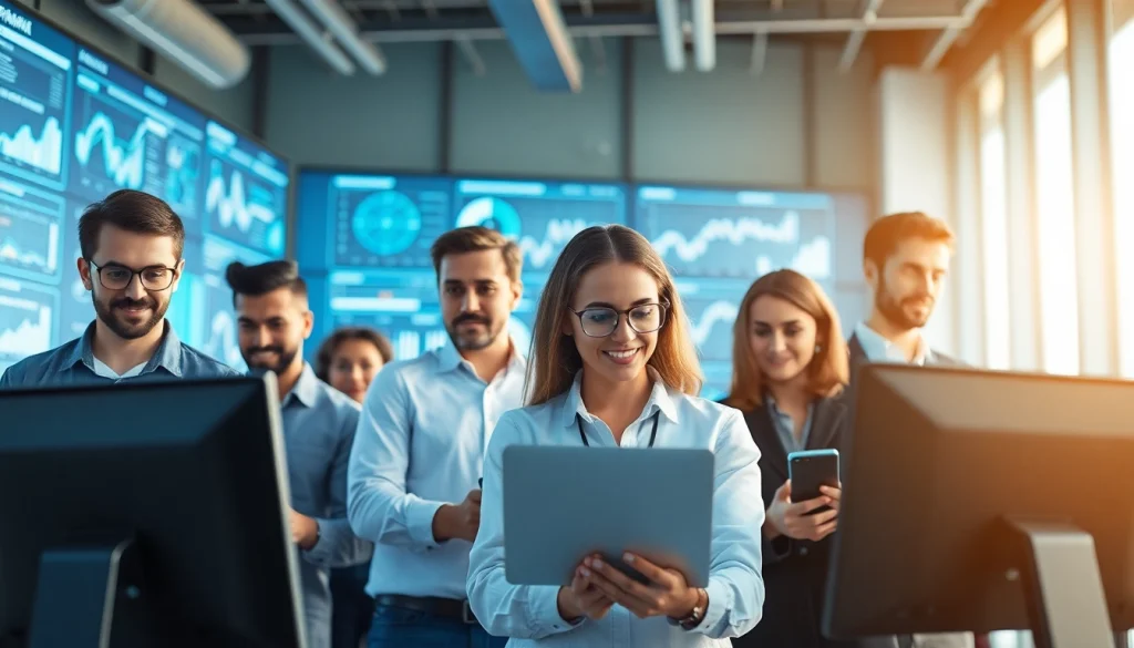 Showcasing technology, a diverse team collaborates in a bright, modern office.