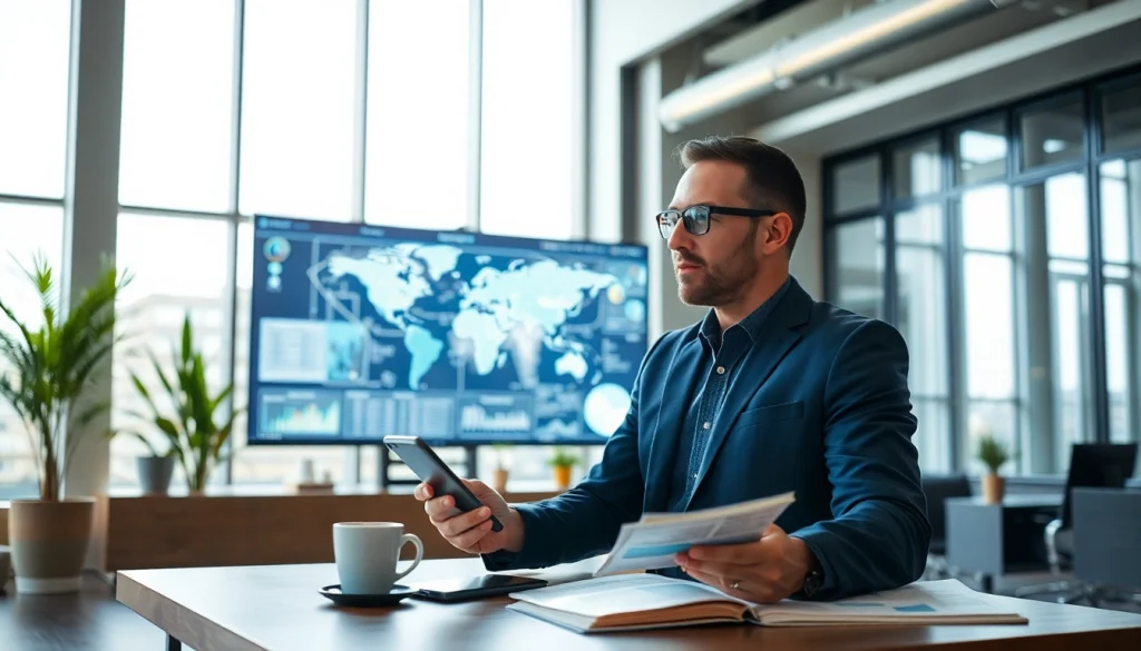 Showcase professional real estate & logistics agent working with advanced technology in a modern office.