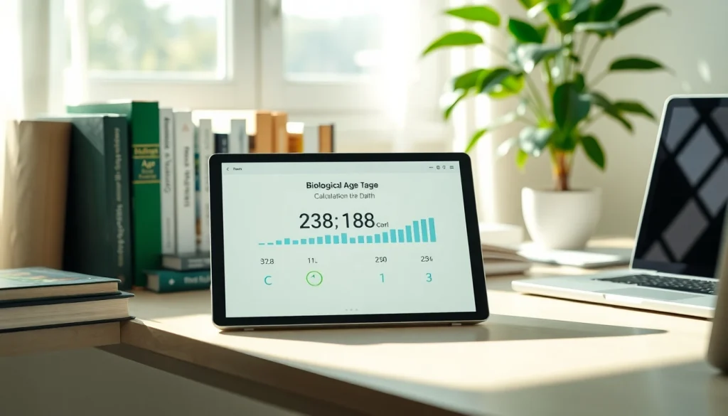Calculate your biological age with an interactive and beautifully designed biological age calculator interface on a desk.