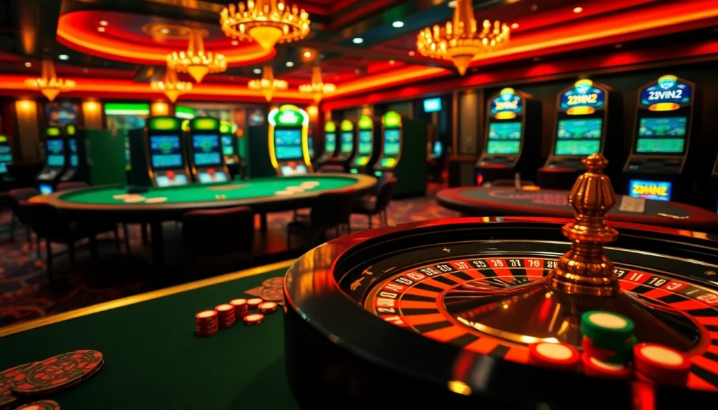 Engage in exciting gameplay at 32vin32 with a luxurious casino atmosphere, featuring roulette and poker tables.