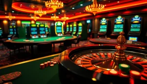Engage in exciting gameplay at 32vin32 with a luxurious casino atmosphere, featuring roulette and poker tables.