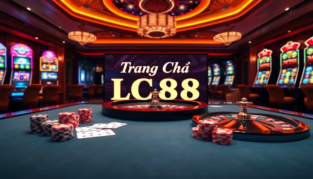 Exciting gambling scene featuring a luxurious table at Trang Chủ LC88, showcasing poker chips and casino games.