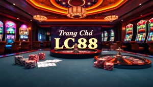 Exciting gambling scene featuring a luxurious table at Trang Chủ LC88, showcasing poker chips and casino games.