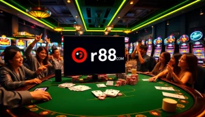 Exciting gambling scene showcasing the rr88com logo with casino tables and players celebrating wins.