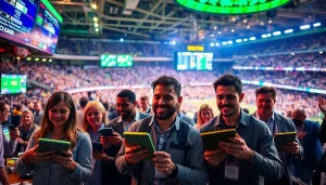 Engaged bettors exploring sportsbooks in Georgia with digital devices in vibrant setting.