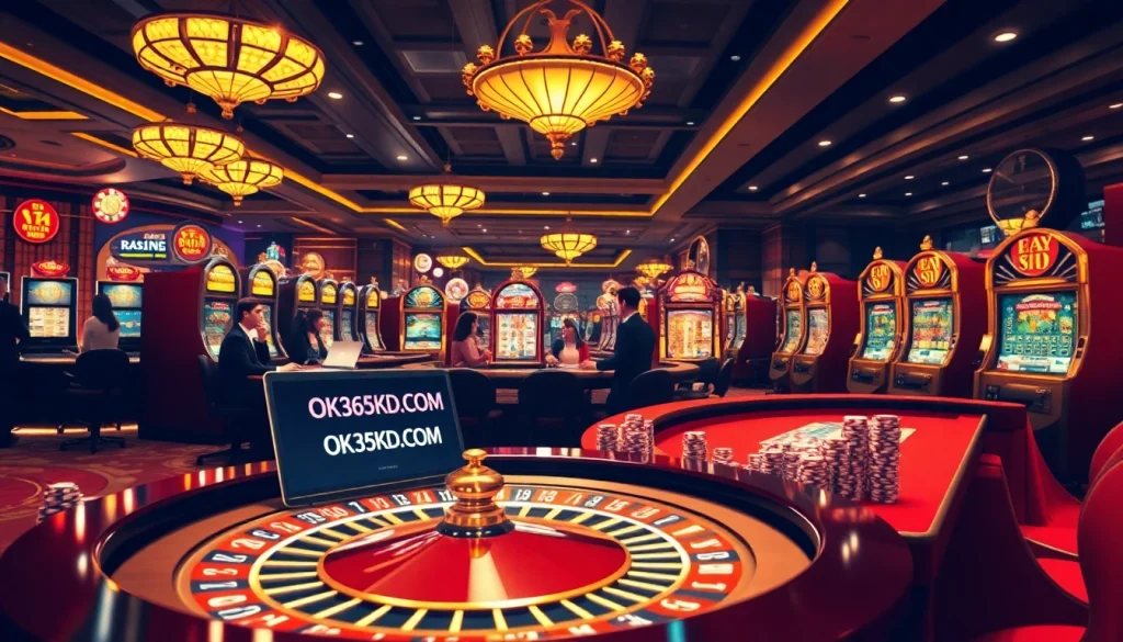 Experience thrilling gambling action at OK365KD.COM with poker chips, roulette, and slot machines.