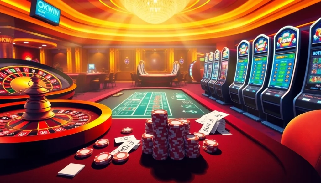 The excitement of players enjoying the OKWIN game in a lavish casino setting with roulette and poker.