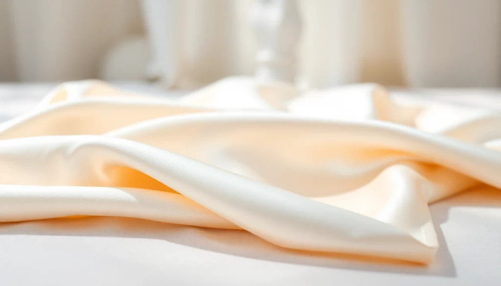 Satin stof met een glanzende textuur en luxueuze uitstraling op een zachte achtergrond.