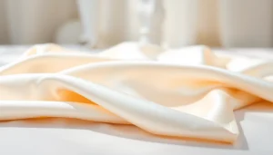 Satin stof met een glanzende textuur en luxueuze uitstraling op een zachte achtergrond.